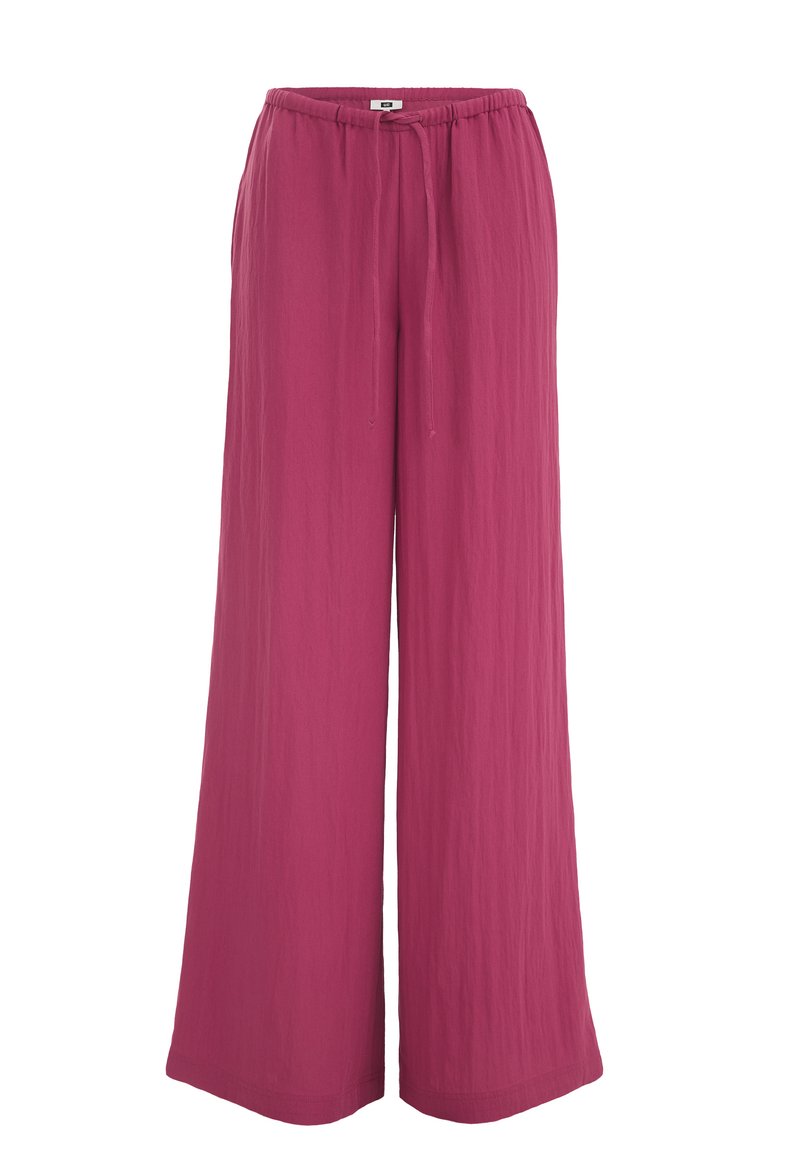 Weite Hosen in einem lebhaften Fuchsia-Ton, aus leichtem Stoff. Mit einem elastischen Bund und einem Kordelzug zur Anpassung.