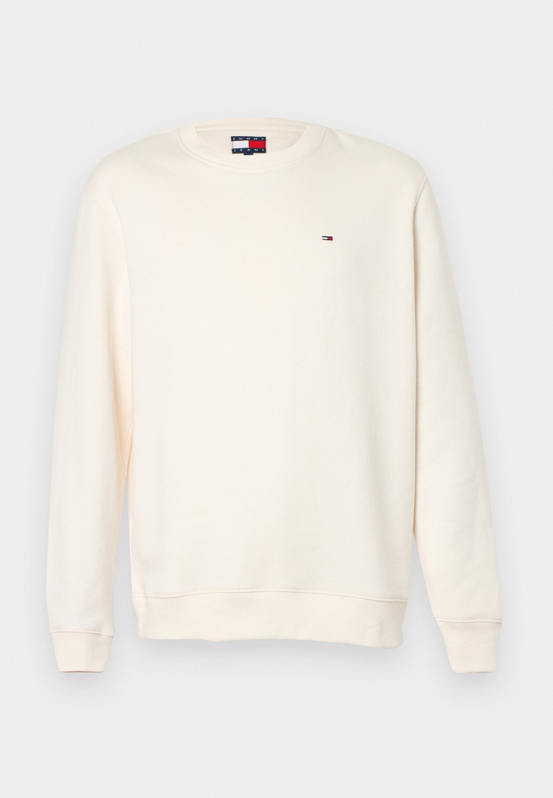 Cremefarbener Sweatshirt aus weichem Stoff mit langen Ärmeln, Rundhalsausschnitt und kleinem Logo-Detail auf der Brust.