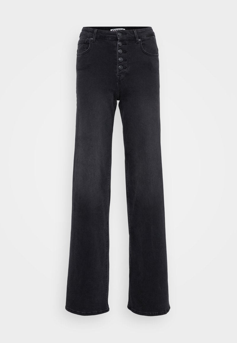Schwarze Jeans mit weitem Bein aus Denim, hoher Taille, fünf Knöpfen und subtilen Nähten. Sanfte Textur mit klassischem Schnitt und weitem Bein.