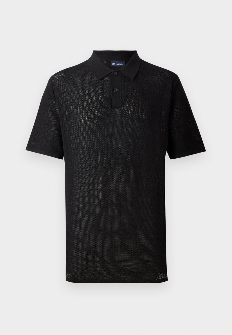 Schwarzes Polohemd aus strukturiertem Strickstoff. Mit kurzen Ärmeln, einem Kragen und einer Knopfleiste mit drei Knöpfen. Leichtes Design, lässige Passform.