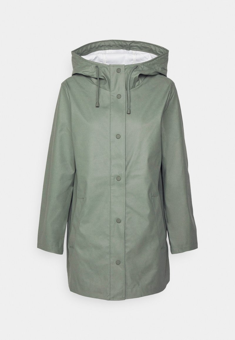Grüne wasserdichte Jacke mit Kapuze, Druckknopfverschluss, Seitentaschen und glatter Oberfläche. Verfügt über verstellbare Kordeln am Hals.