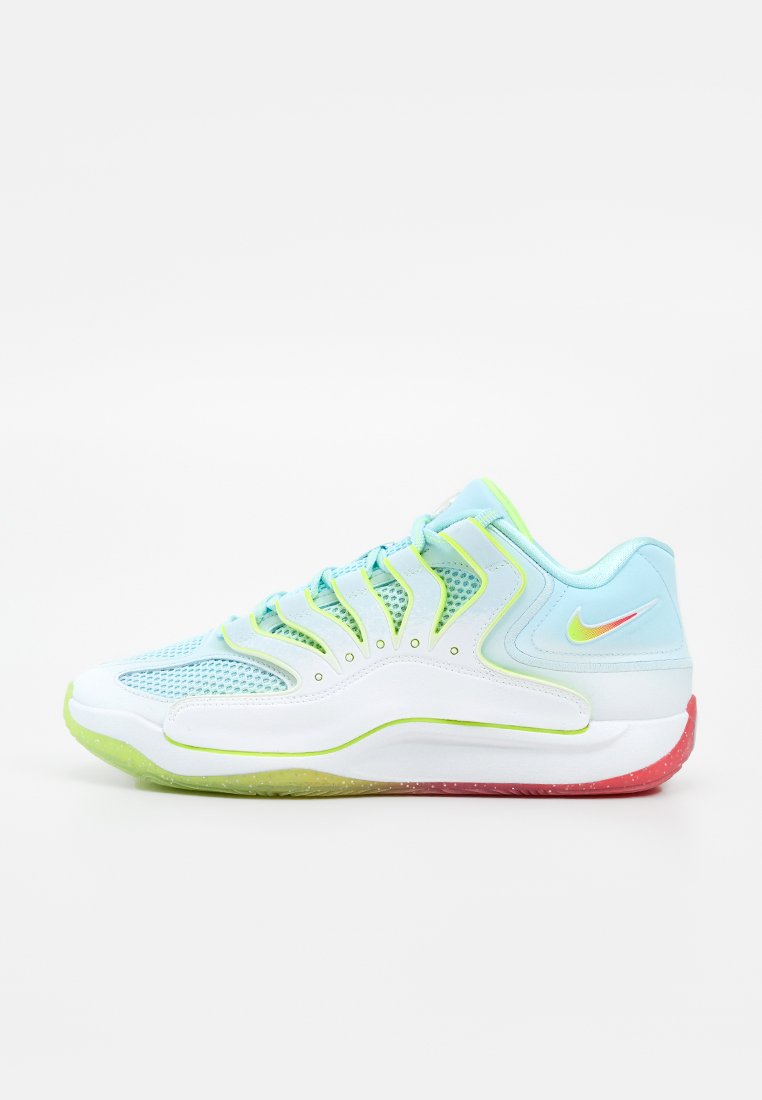 Nike Low-Top-Sneaker mit hellblauem Mesh, weißen Overlays, neongrünen Akzenten und Farbverlaufsohle von grün zu rot, Seitenansicht.
