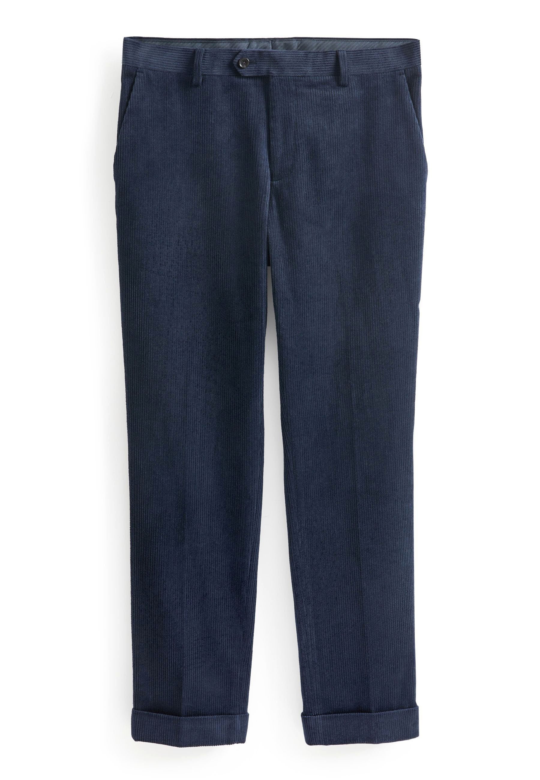 Navy Cord-Hosen mit gerippter Textur, geradem Schnitt, zwei Seitentaschen und hochgekrempelten Säumen. Mit einem Knopfverschluss an der Taille.
