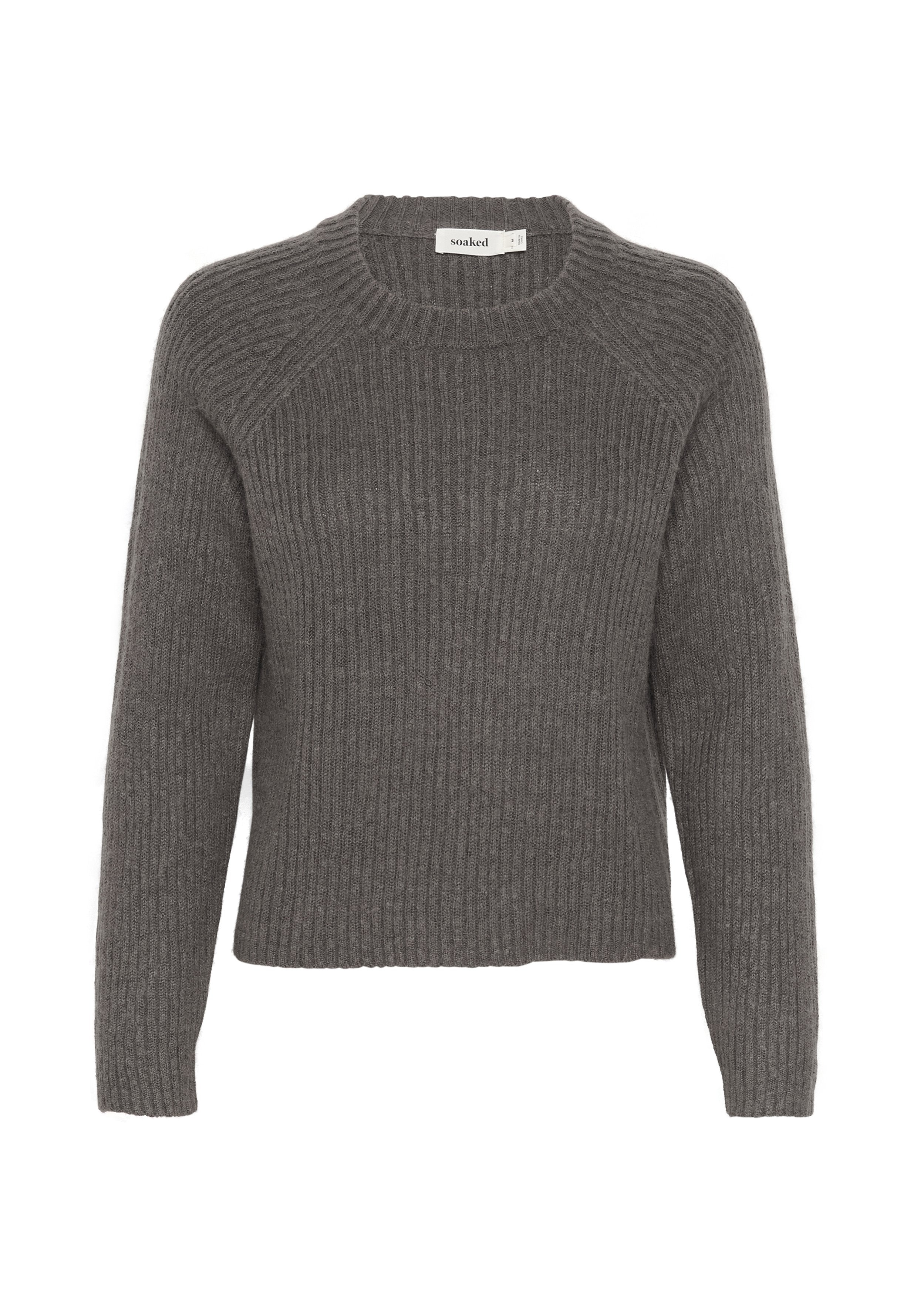 Grauer, gerippter Pullover mit Rundhalsausschnitt und langen Raglanärmeln. Weiche Textur und lockere Passform. Etikett sichtbar am Ausschnitt.