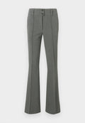 Graue, ausgestellte Hose aus strukturiertem Stoff. Mit zwei Knöpfen an der Taille und vorderseitigen Nahtdetails.