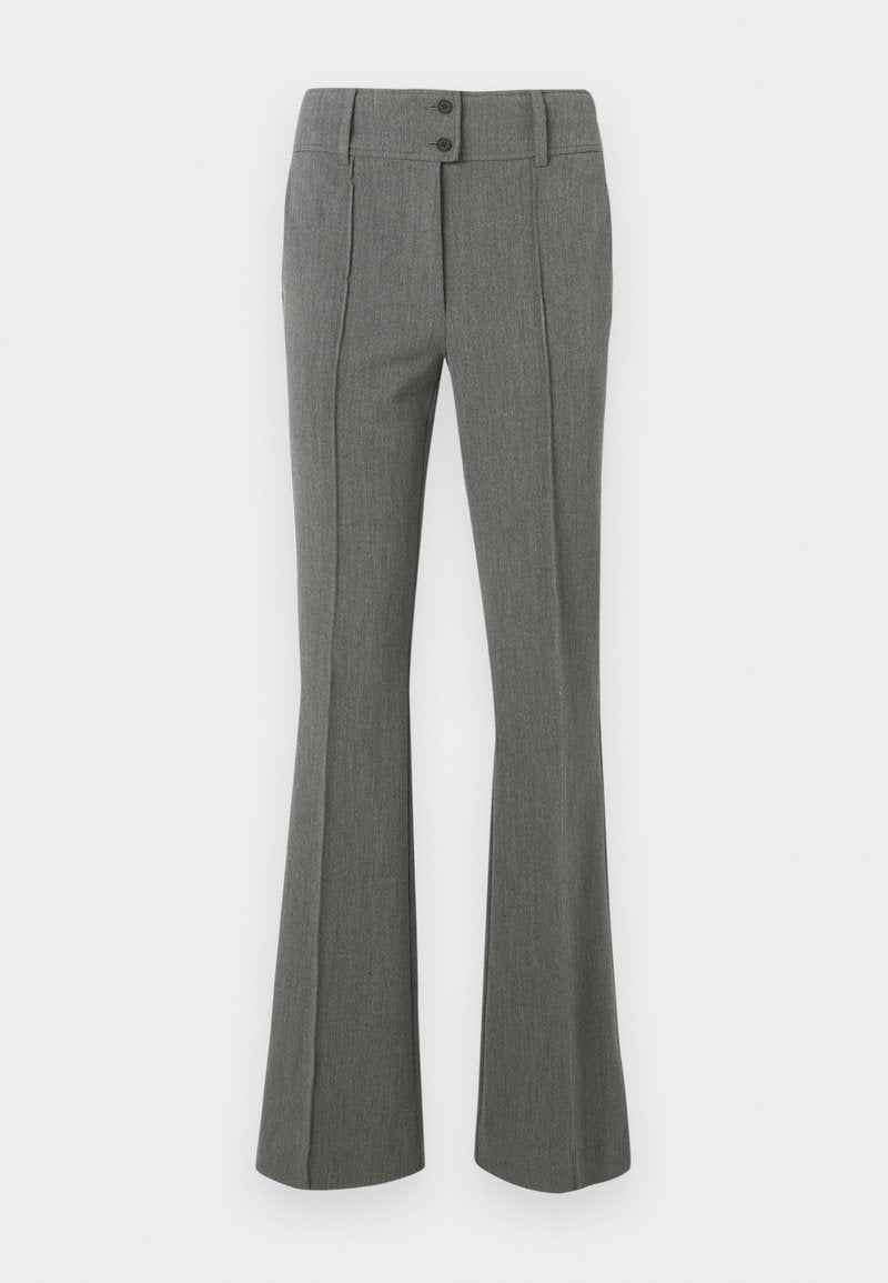 Graue, ausgestellte Hose aus strukturiertem Stoff. Mit zwei Knöpfen an der Taille und vorderseitigen Nahtdetails.