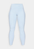 Helle blaue Leggings mit hohem Bund, glatter Textur und kontrastierenden Nähten an den Seiten. Voller Länge.