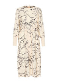 Creme Midi-Kleid mit schwarzem abstraktem Marmor-Muster, langen Ärmeln, Rundhalsausschnitt und Taillierung durch einen Gürtel.