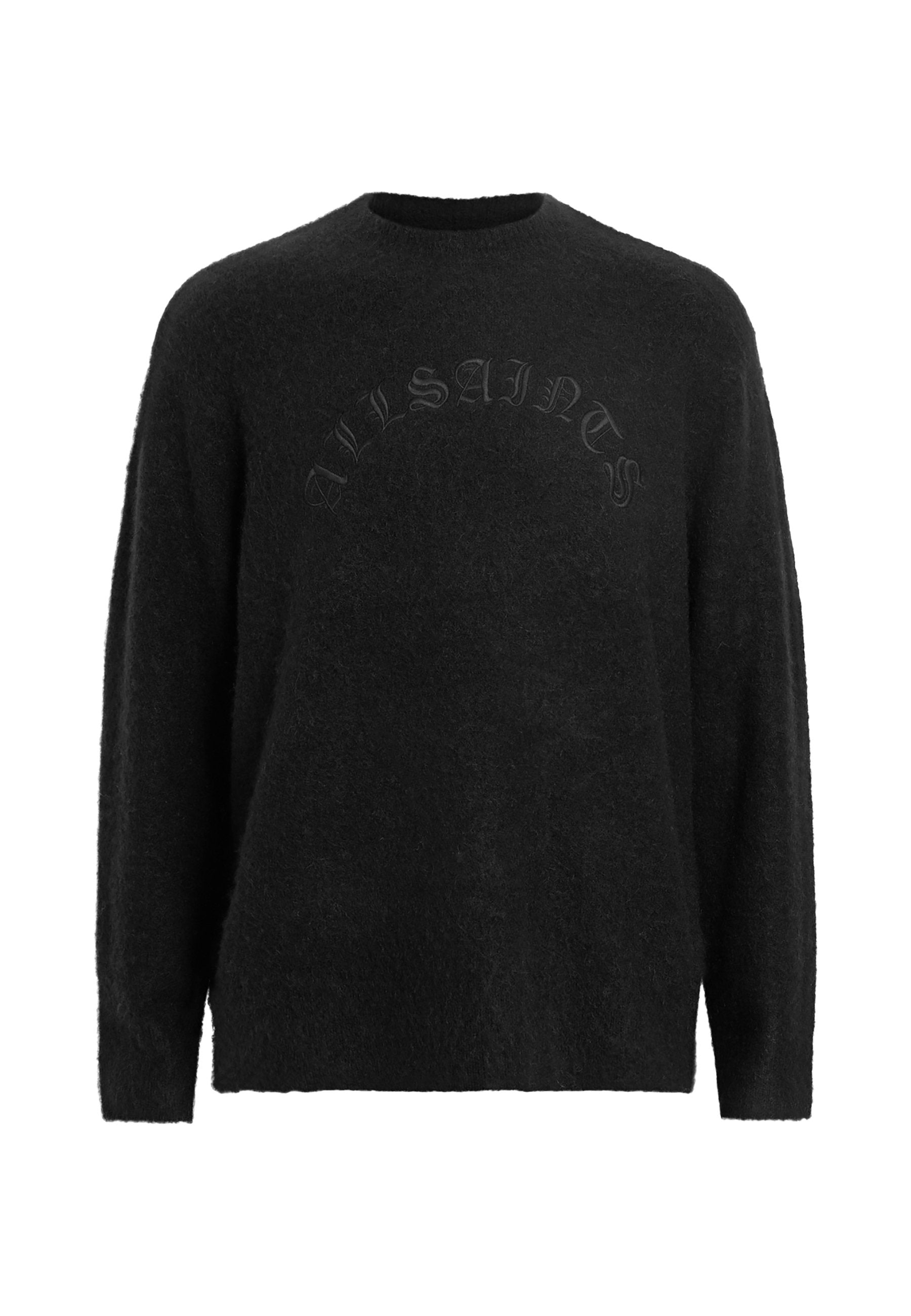 Schwarzer, flauschiger Pullover mit langen Ärmeln, Rundhalsausschnitt und geprägtem Text "AVISSAINTS" in einem Bogen über der Brust.