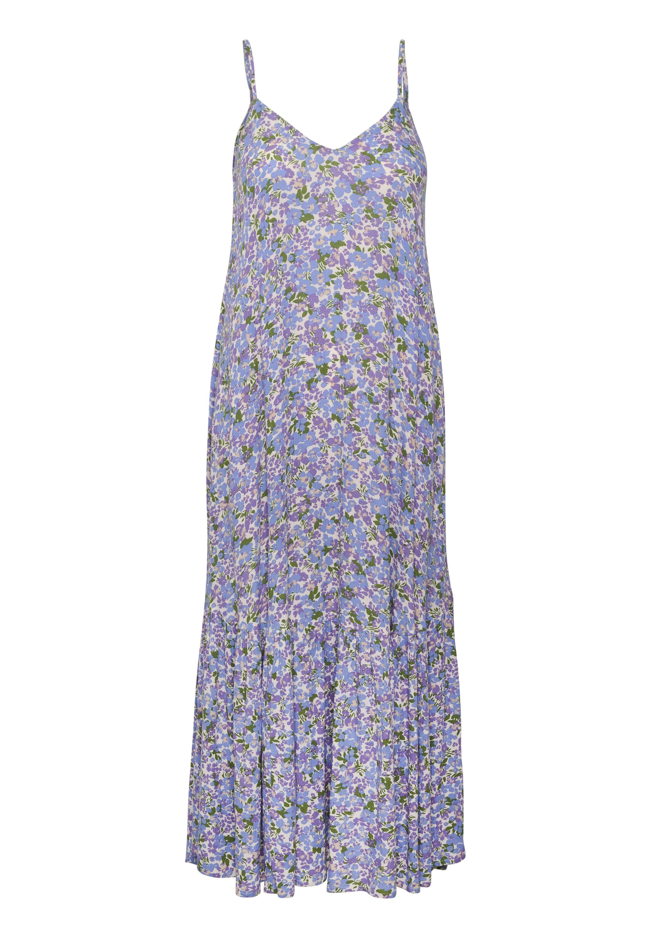 Floral-midi-Kleid in Hellblau mit lila und grünen Mustern, mit dünnen Trägern und einem gestuften Saum. Hergestellt aus leichtem Stoff.