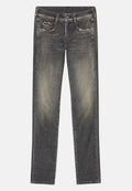 Verblasste schwarze Denim-Jeans mit geradem Bein, ausgestattet mit Fronttaschen, einer kleinen Gesäßtasche und kontrastierenden Nähdetails.