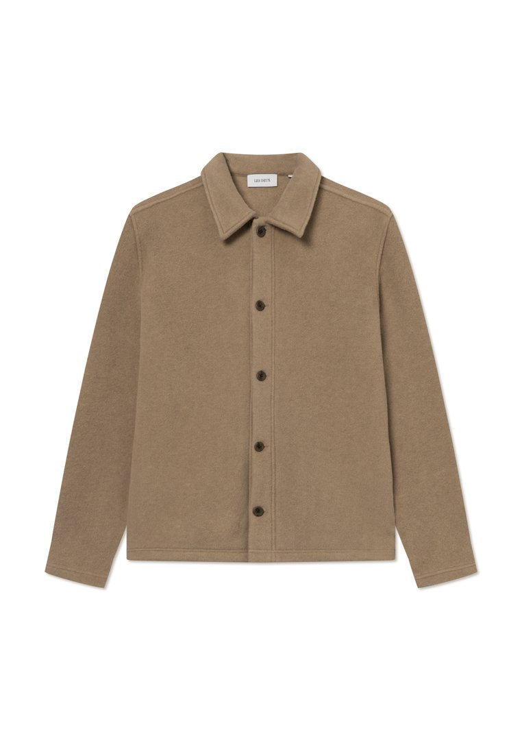 Braune Wollmischung Jacke mit durchgehender Knopfleiste, spitzem Kragen, langen Ärmeln und geradem Schnitt. Verfügt über fünf dunkelknopf und minimale Nähte.