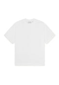 Weißes Baumwoll-T-Shirt mit rundem Halsauschnitt, kurzen Ärmeln und lockerem Schnitt. Glatte Textur, minimalistisches Design, keine sichtbaren Muster oder Akzente.
