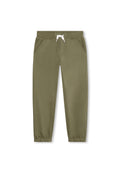 Olivgrüne Sweatpants mit einem Kordelzugbund, zwei seitlichen Taschen und elastischen Bündchen an den Knöcheln. Weicher Stoff mit glatter Textur.