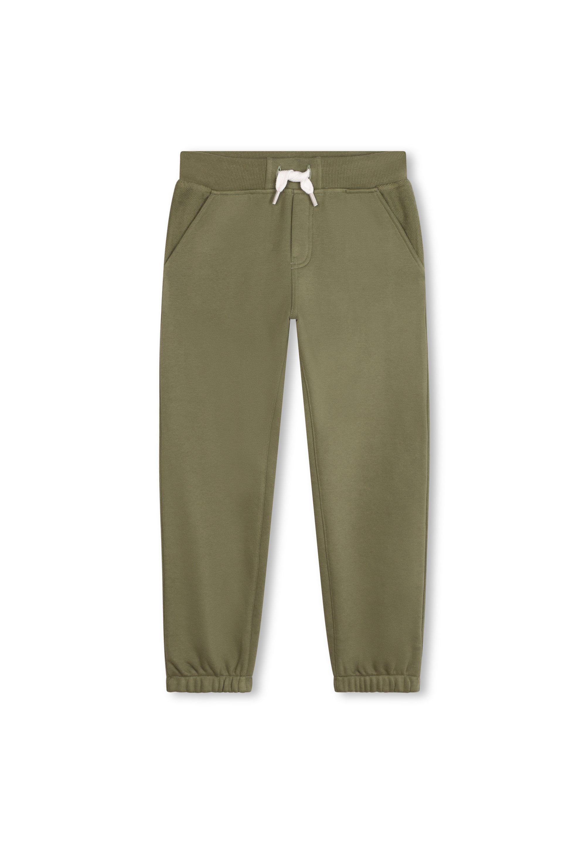 Olivgrüne Sweatpants mit einem Kordelzugbund, zwei seitlichen Taschen und elastischen Bündchen an den Knöcheln. Weicher Stoff mit glatter Textur.