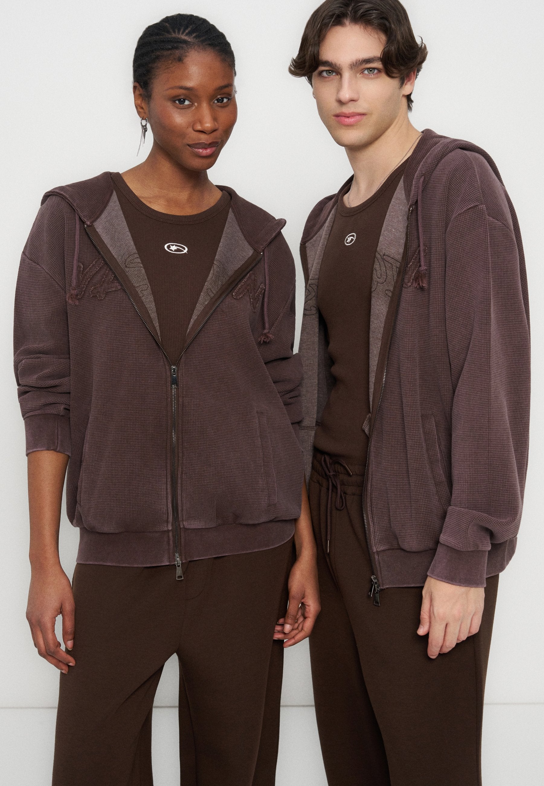 YOURTURN WAFFLE BOXY FIT ZIP-UP HOODIE