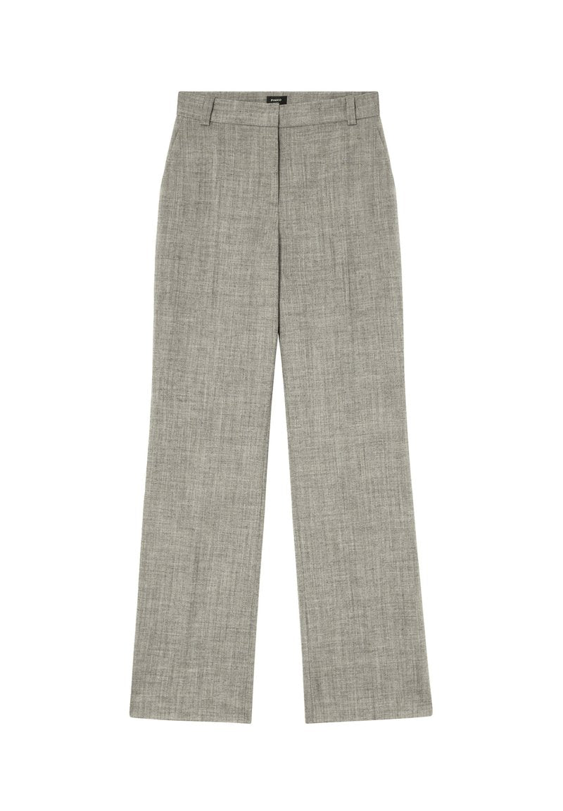 Hellgraue Hose aus strukturiertem Stoff mit geradem Beinschnitt, Fronttaschen und Reißverschluss. Sauberer, maßgeschneiderter Look.