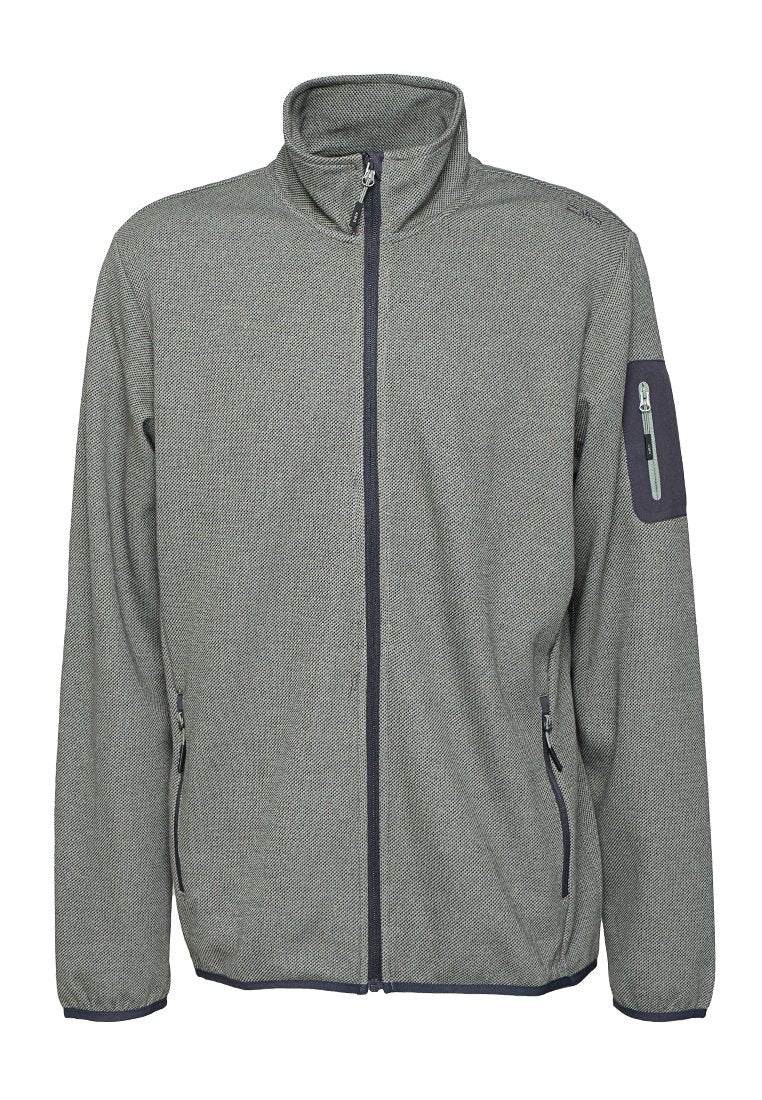 Graue Jacke mit durchgehendem Reißverschluss, hohem Kragen, zwei Reißverschlusstaschen vorne und einer kleinen Reißverschlusstasche am oberen linken Ärmel.