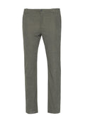 Olivgrüne Hose aus strukturiertem Stoff mit geradem Bein, Knopfverschluss und zwei Seitentaschen.