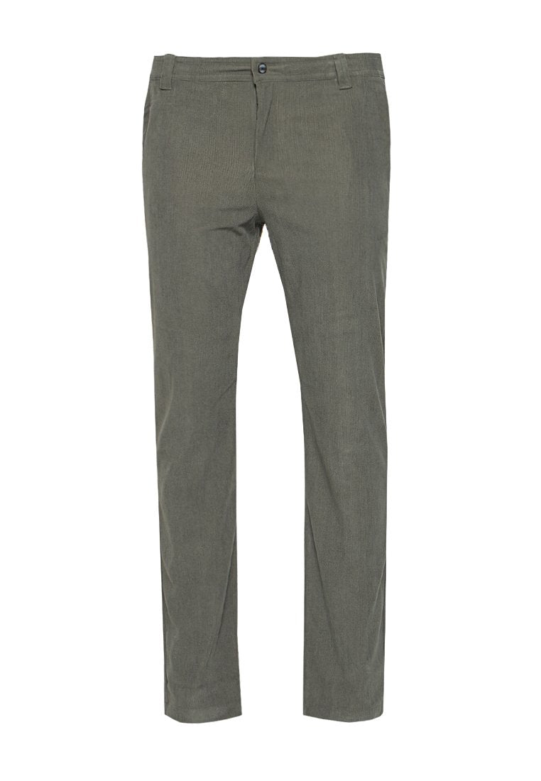 Olivgrüne Hose aus strukturiertem Stoff mit geradem Bein, Knopfverschluss und zwei Seitentaschen.
