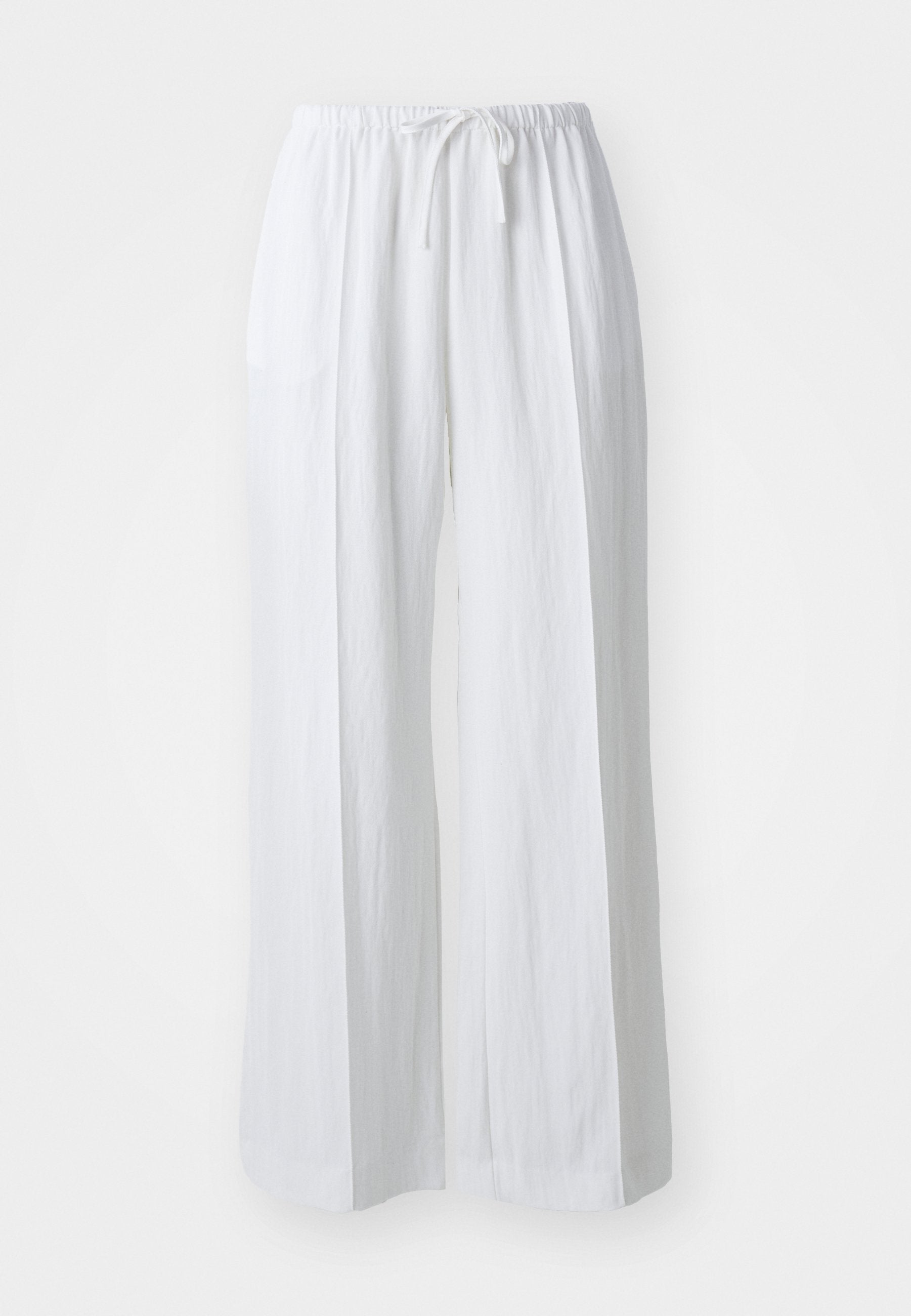 Weiße, weite Hosen mit einem Kordelzugbund. Hergestellt aus leichtem Stoff, mit einer glatten Textur und minimalistischem Design.