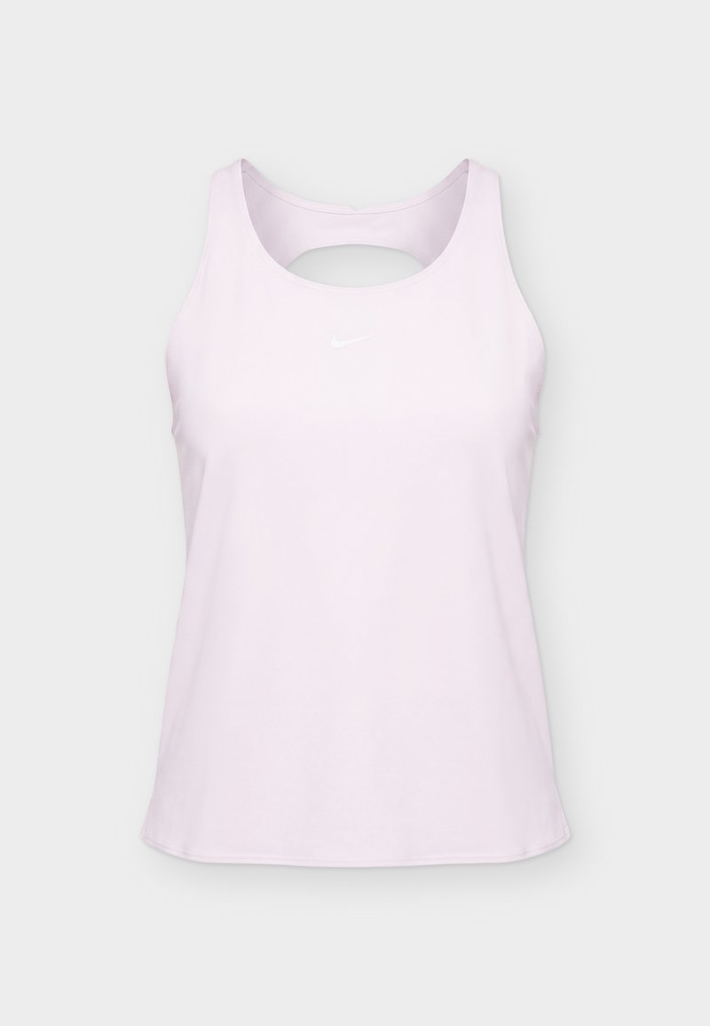 Hellrosa ärmelloses sportliches Tanktop mit Rundhalsausschnitt und kleinem weißem Logo auf der Brust, Vorderansicht vor weißem Hintergrund.