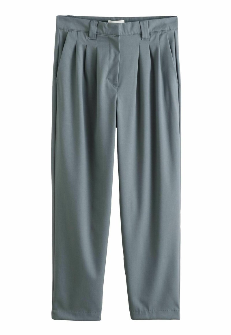 Helle graue, plissierte Hose mit lockerer Passform, glatter Textur und seitlichen Taschen. Maßgeschneiderter Schnitt mit mittelhohem Bund.