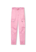 Rosa Cargo-Hosen aus Satin mit einem Kordelzugbund, Seitentaschen und elastischen Bündchen an den Knöcheln. Sanfte Textur.