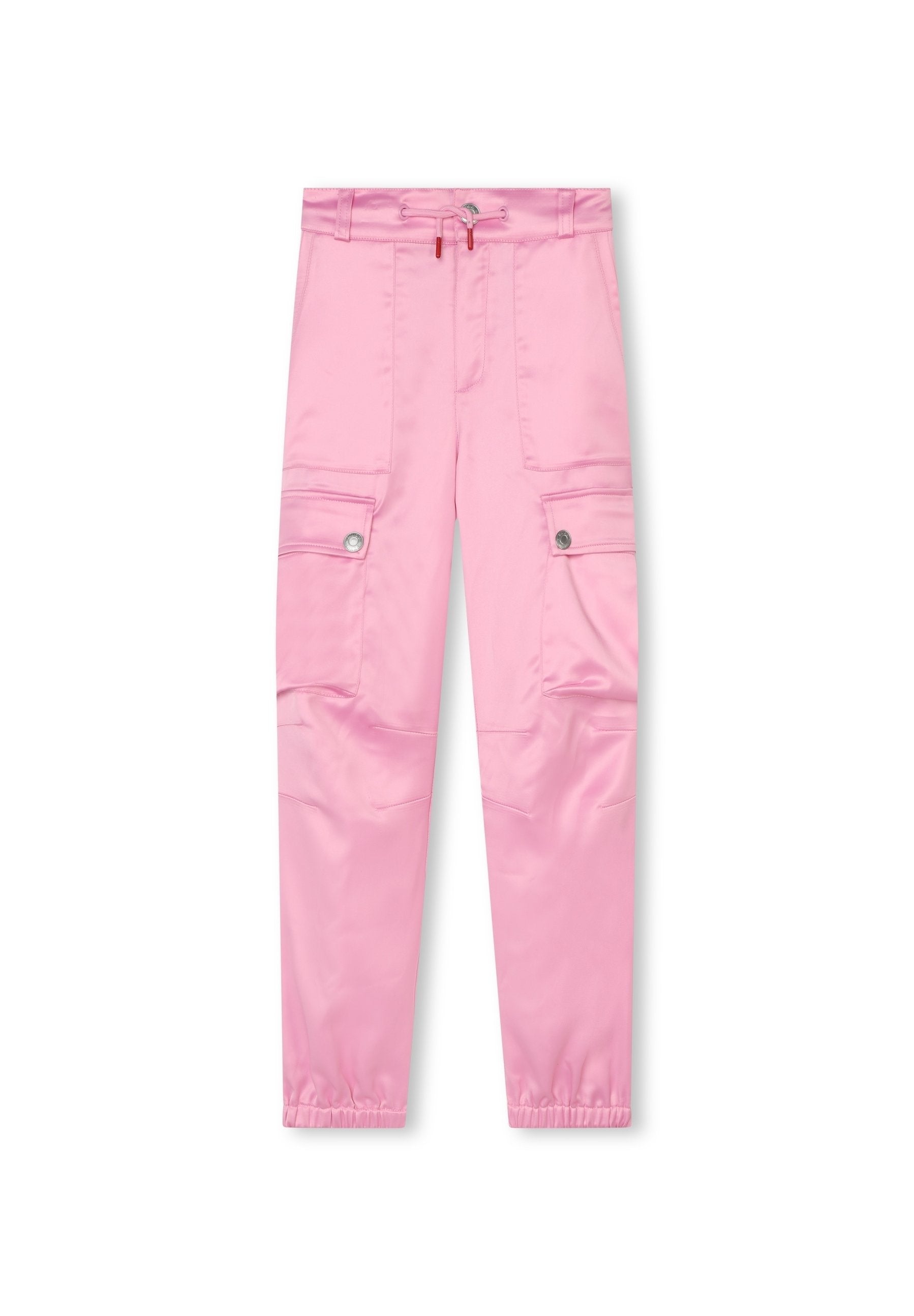Rosa Cargo-Hosen aus Satin mit einem Kordelzugbund, Seitentaschen und elastischen Bündchen an den Knöcheln. Sanfte Textur.