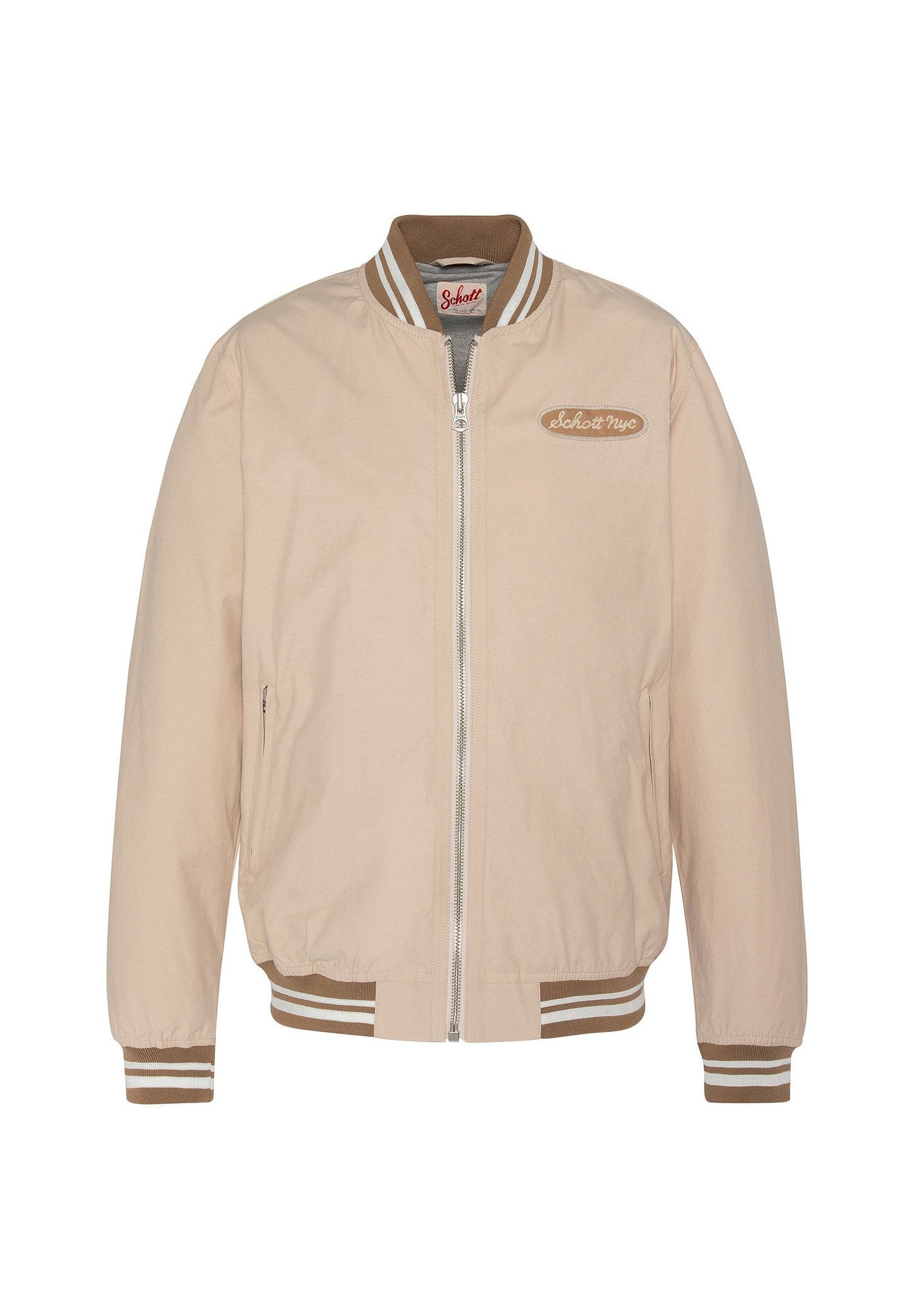 Beige Bomberjacke mit Reißverschluss vorne, gerippten Bündchen und Saum sowie einem gestickten Logo-Patch. Verfügt über kontrastierende braune und weiße Streifenakzente.