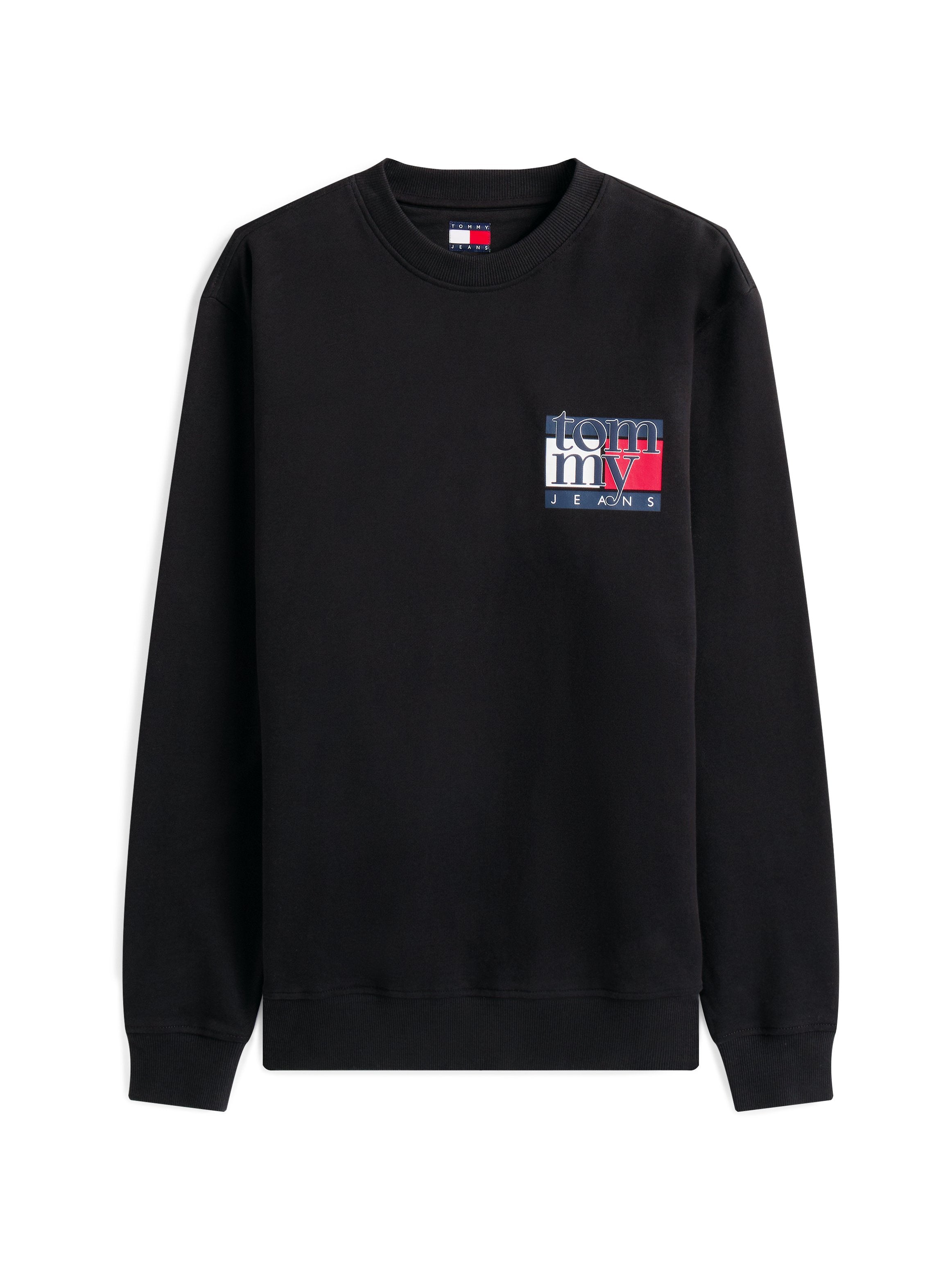 Schwarzer Sweatshirt aus einer Baumwollmischung mit Rundhalsausschnitt und langen Ärmeln, versehen mit einem bunten Logo auf der Vorderseite. Weiche Textur.