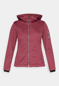 Damen Softshell-Jacke in Kastanienrot mit Reißverschluss und Kapuze, zwei Fronttaschen und einer zusätzlichen Reißverschlusstasche am linken Ärmel.