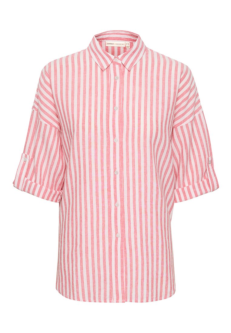 Rosa und weiße gestreifte kurzärmlige Button-Down-Hemd mit Kragen und hochgerollten Ärmeln, aus leichtem Stoff gefertigt.