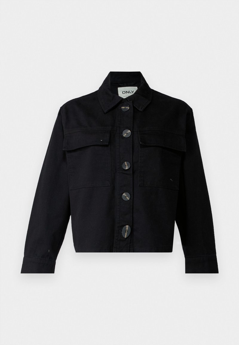 Schwarze Jeansjacke mit klassischem Kragen, vorderen Taschen und großen Knöpfen. Das Design ist verkürzt mit langen Ärmeln und einer strukturierten Passform.