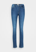 Dunkelblaue Skinny-Jeans mit leichtem Fade, Knopfverschluss, Gürtelschlaufen, Fünf-Pocket-Design und ausgefransten Saumdetails.