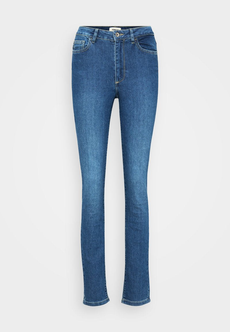 Dunkelblaue Skinny-Jeans mit leichtem Fade, Knopfverschluss, Gürtelschlaufen, Fünf-Pocket-Design und ausgefransten Saumdetails.