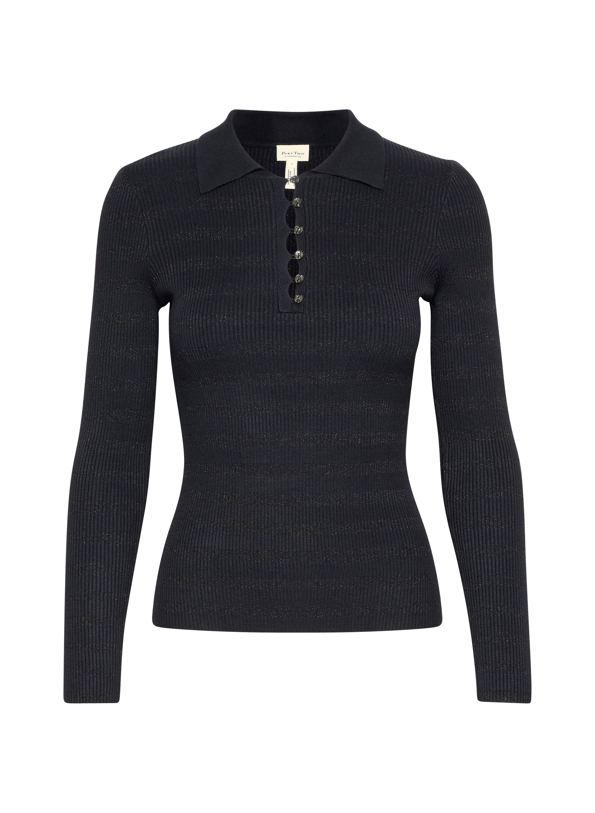 Schwarzes, geripptes Langarmshirt mit Polo-Kragen und sechsknöpfiger Knopfleiste. Der Stoff hat eine subtile Textur und einen leichten Glanz. Enganliegendes Design.