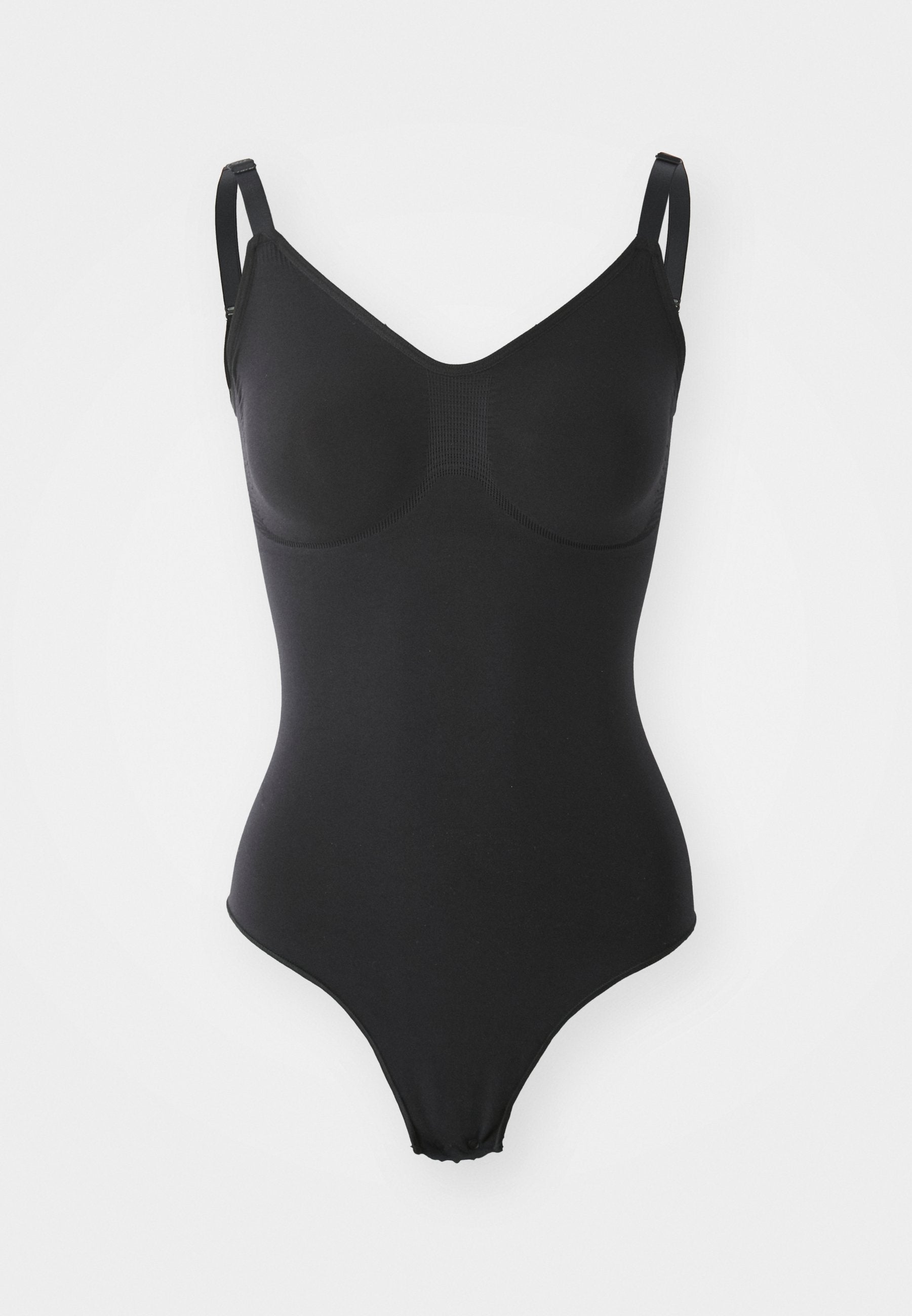 Schwarzer Bodysuit aus glattem, dehnbarem Material mit V-Ausschnitt, verstellbaren Trägern und nahtlosen Seiten. Verfügt über vorgeformte Cups für Unterstützung.