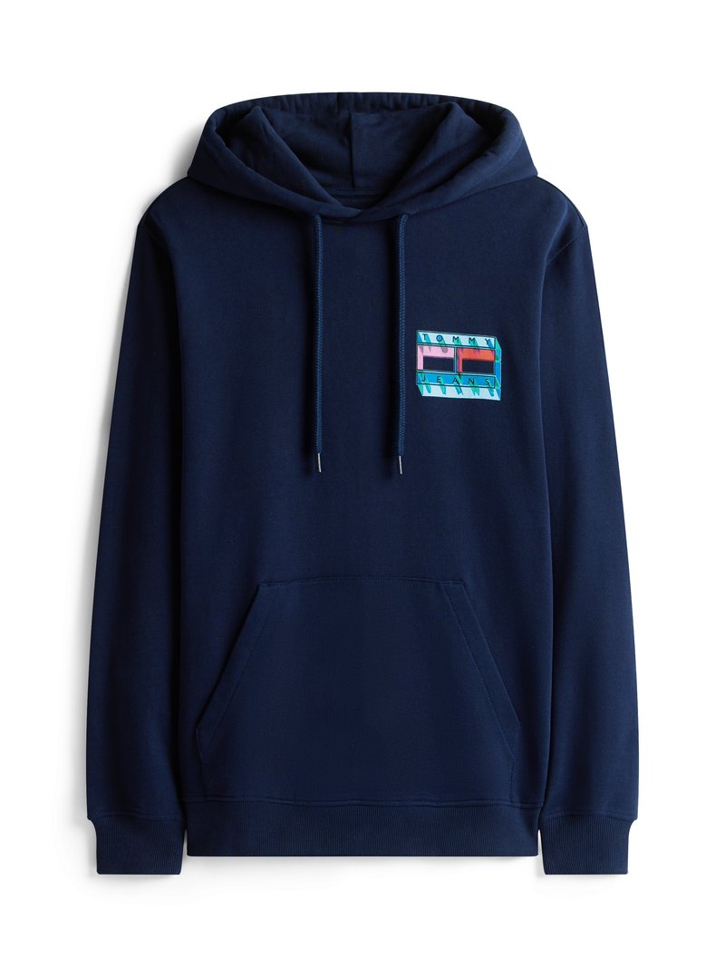 Marineblaue Kapuzenjacke aus weichem Material, mit einer vorderen Kängurutasche und einem farbenfrohen Logodesign auf der Brust. Verstellbare Kapuze mit Schnürzug.