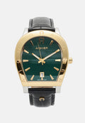 Goldene und silberne Aigner-Armbanduhr mit grünem Zifferblatt, goldenen Stundenmarkierungen und Zeigern, Datumsanzeige sowie schwarzem Lederarmband mit Naht.