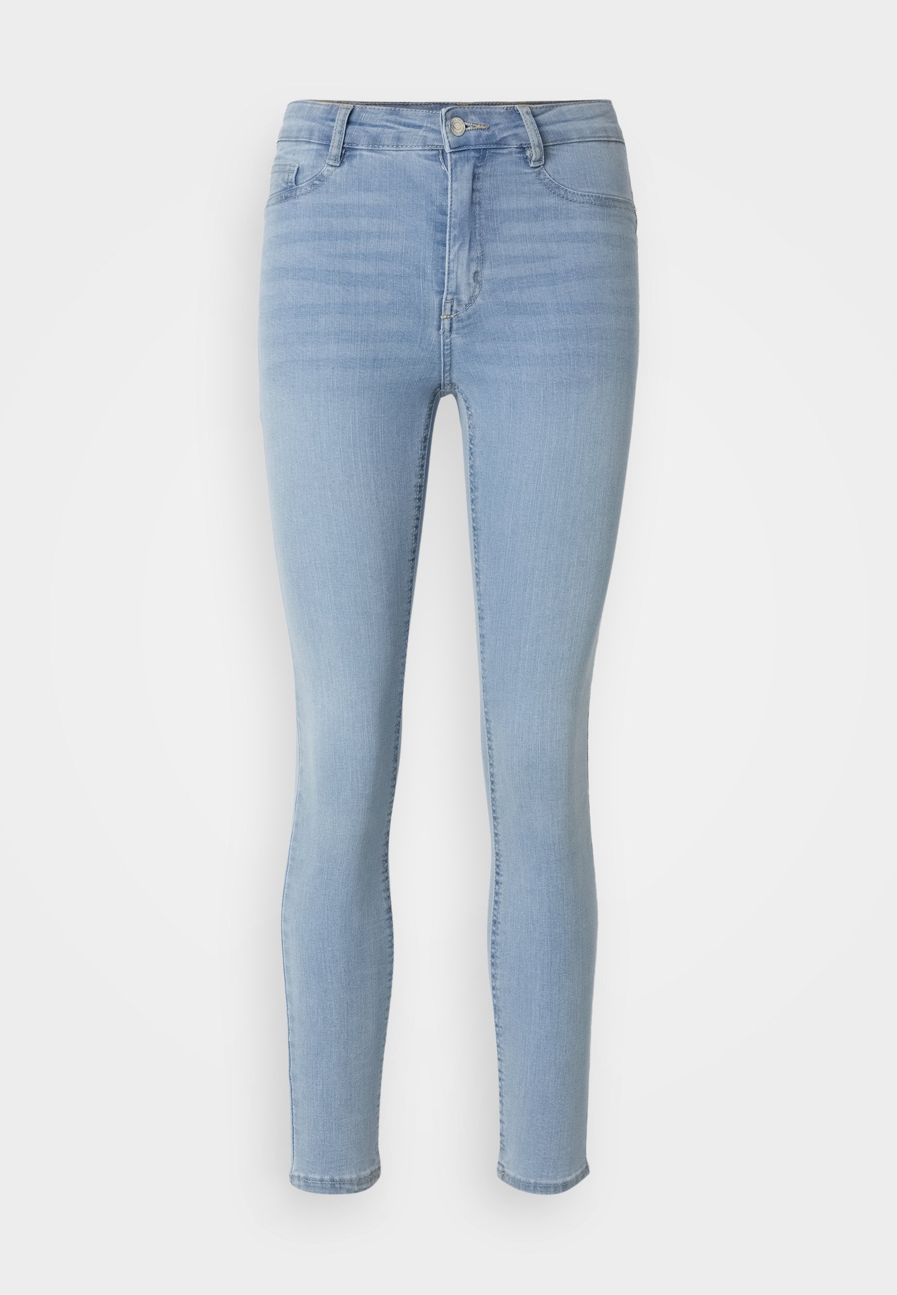 Helle blaue Skinny Jeans aus Denim mit mittelhohem Bund, fünf Taschen-Design und dezenter Ausbleichung entlang der Beine.
