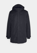 Schwarze isolierte Parka mit Kapuze, langen Ärmeln, zwei Fronttaschen, Zugreglern und einem weichen Innenfutter. Sauberes, minimalistisches Design.