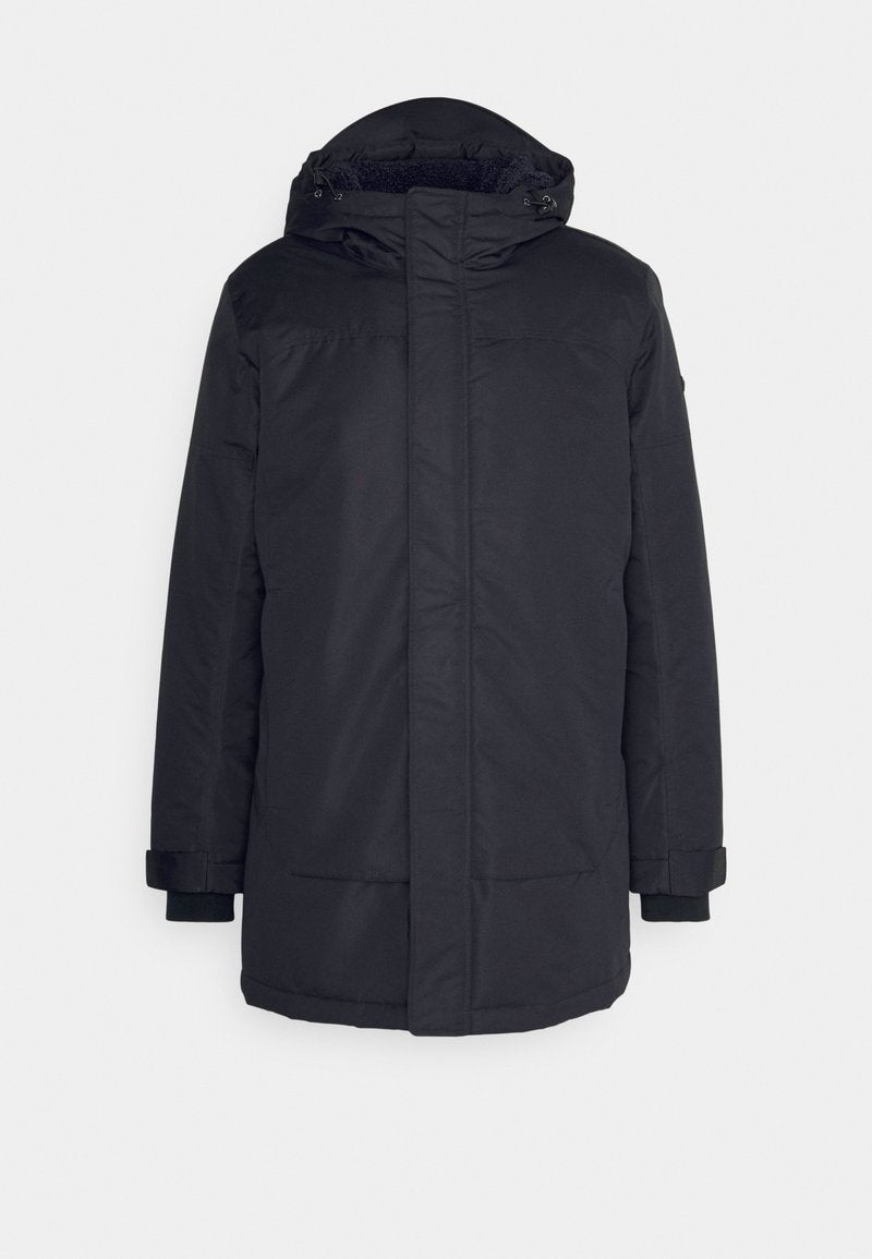 Schwarze isolierte Parka mit Kapuze, langen Ärmeln, zwei Fronttaschen, Zugreglern und einem weichen Innenfutter. Sauberes, minimalistisches Design.