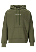 Olivgrüner Hoodie aus Baumwollmischung. Mit einer Vorderentasche, verstellbarem Kordelzug und weißem Drucktext "DAILY PAPER."