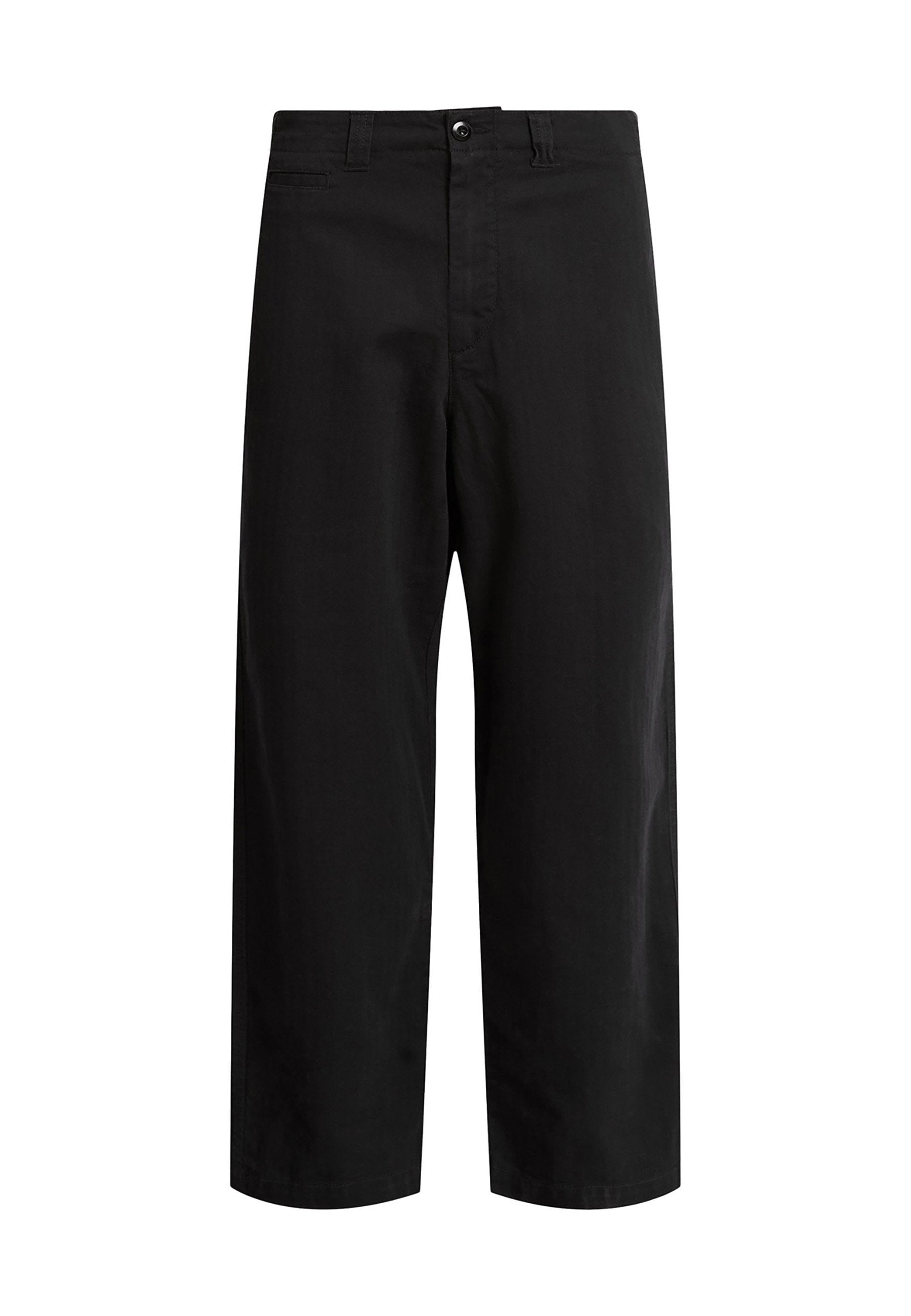 Schwarze, weit geschnittene Hosen mit glatter Textur, ausgestattet mit einem vorderen Knopfverschluss und zwei Seitentaschen. Einfaches Design, keine sichtbaren Muster.