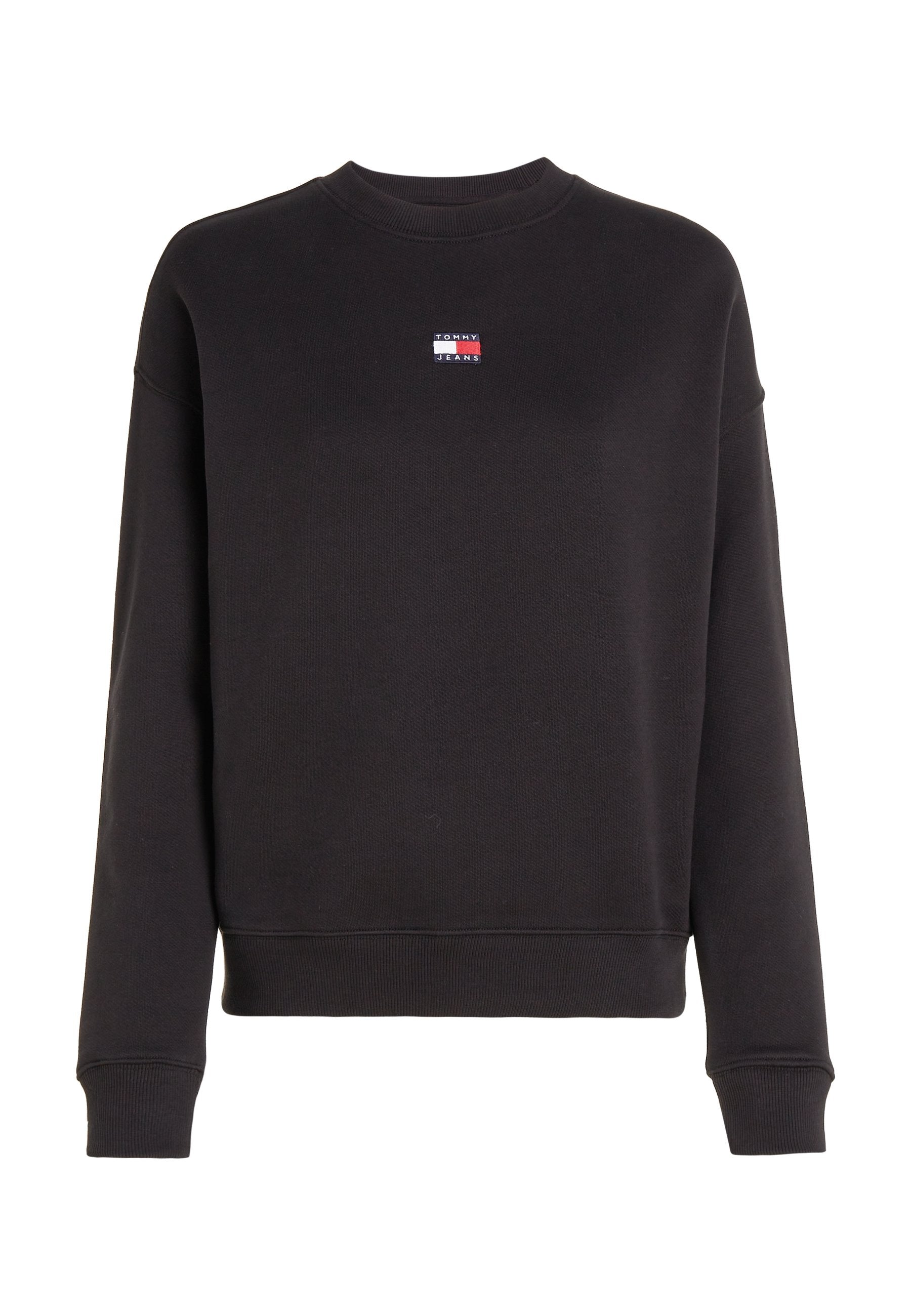 Schwarzes Sweatshirt mit geripptem Rundhalsausschnitt und langen Ärmeln. Verfügt über ein kleines Logo-Patch in Rot, Weiß und Blau auf der Brust.
