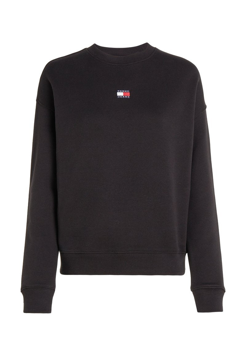 Schwarzes Sweatshirt mit geripptem Rundhalsausschnitt und langen Ärmeln. Verfügt über ein kleines Logo-Patch in Rot, Weiß und Blau auf der Brust.