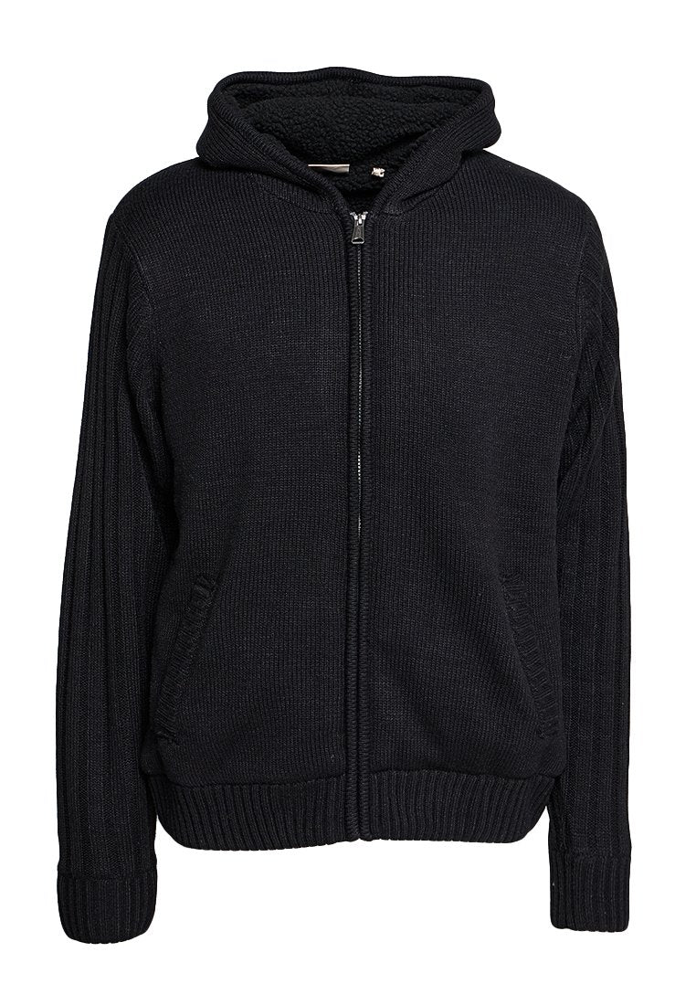 Schwarzer Kapuzenpullover mit Reißverschluss aus geripptem Stoff und mit Fleecefutter. Mit Kapuze und zwei Seitentaschen. Einfaches, funktionales Design.