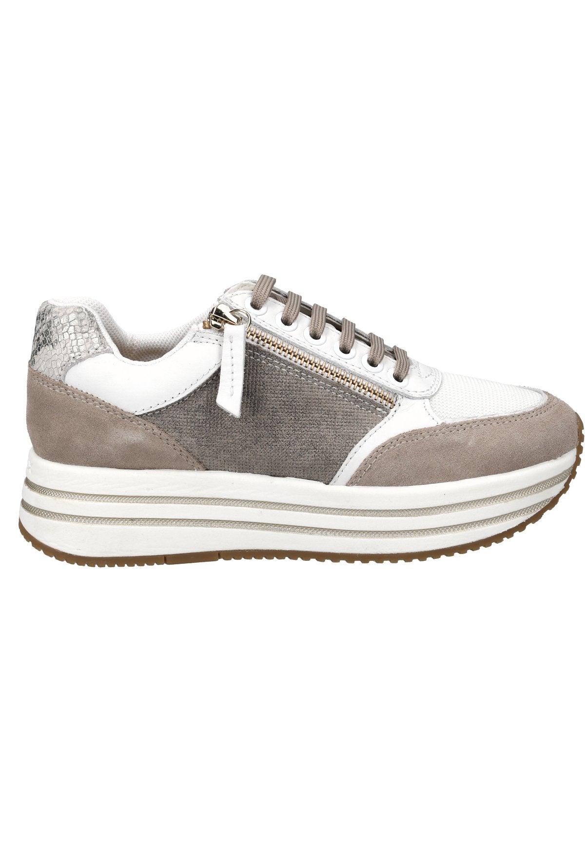 Sportliche Sneakers mit einem Design aus gemischten Materialien, grauem Wildleder, weißen synthetischen Einsätzen und einem dekorativen seitlichen Reißverschluss. Mit strukturierten Akzenten.