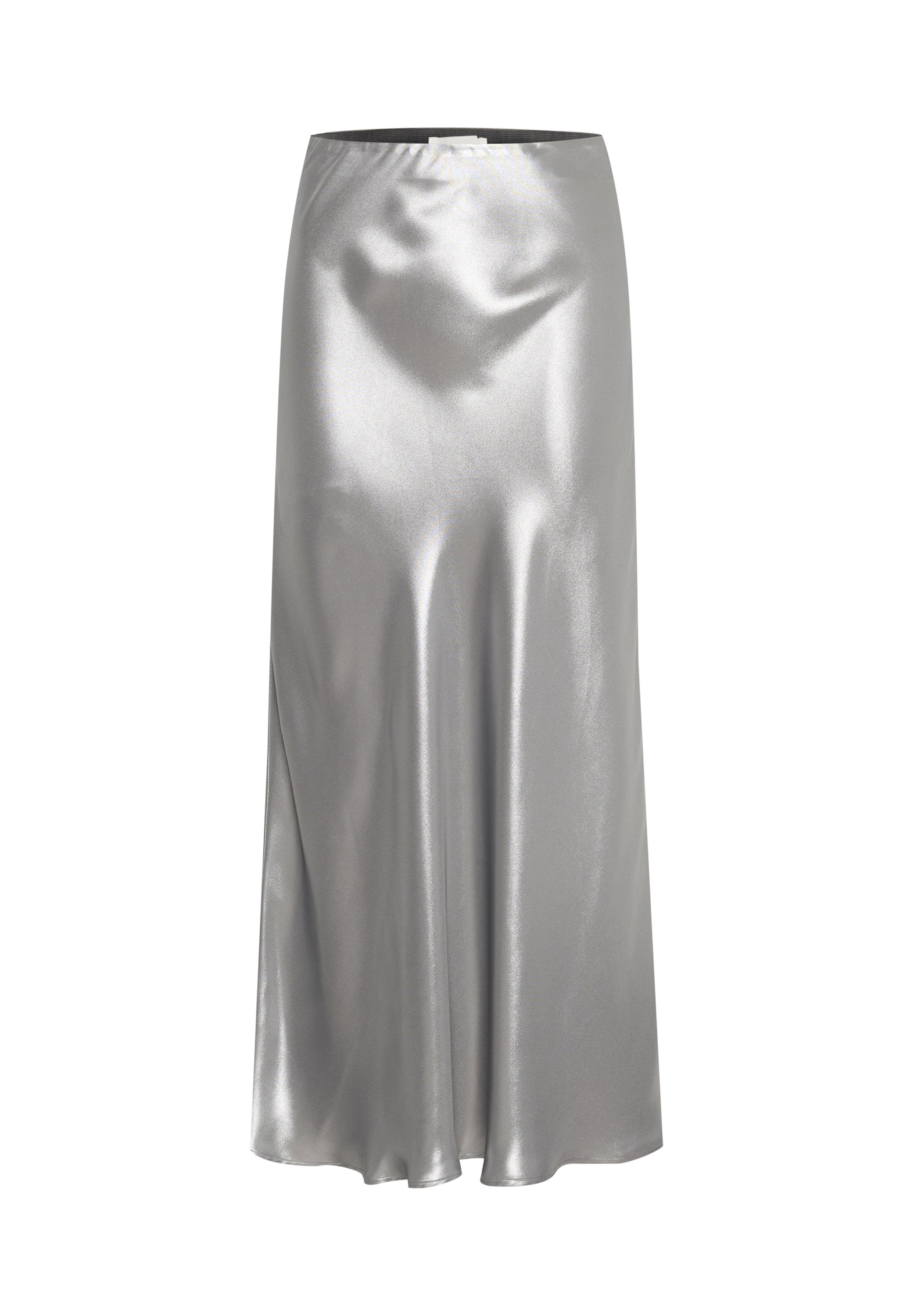 Silberne Satin-Midirock mit glatter, glänzender Textur und gerader Silhouette. Verfügt über einen elastischen Bund für zusätzlichen Komfort.